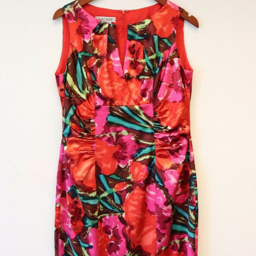 Kay Unger Sleeveless Red Pink Abstract Floral Midi Dress Sz 8 #290